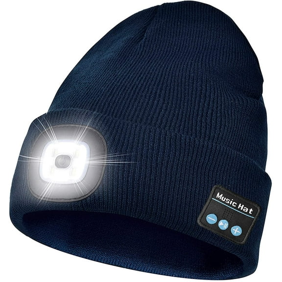 Morttic Unisex Bluetooth Beanie Hat with LED Headlight Upgraded Handsfree Musical Knitted Cap for Men Women Gifts, Navy Blue
