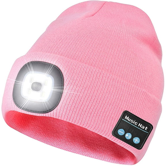 Morttic Unisex Bluetooth Beanie Hat with LED Headlight Upgraded Handsfree Musical Knitted Cap for Men Women Gifts, Pink