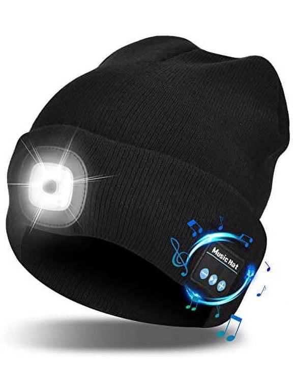 Unisex Bluetooth Beanie Hat with Light,4 LED USB Rechargeable Wireless Headphones Tech Caps (Black)