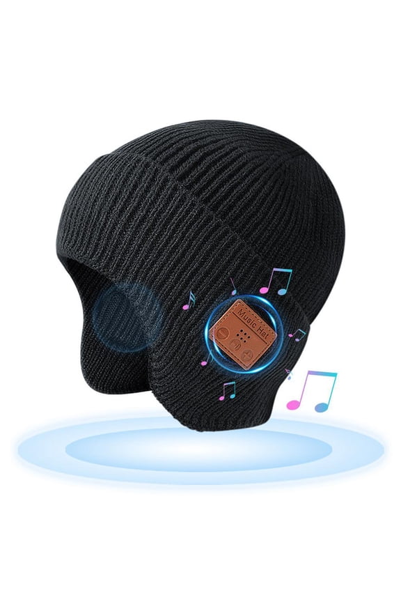 Unisex Bluetooth Beanie ,Upgraded Musical Knitted Cap with Headphone & Mic,Winter Warm Earflap Hat for Men Women Black