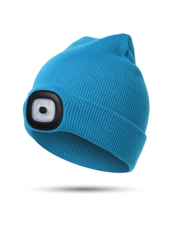 Unisex LED Beanie Hat with Light,Gifts for Kids Boys and Girls ,Winter Ultra Soft Knitted Warm Lighted Hat Rechargeable 4 LED High Brightness Headlamp Cap (Light Blue)