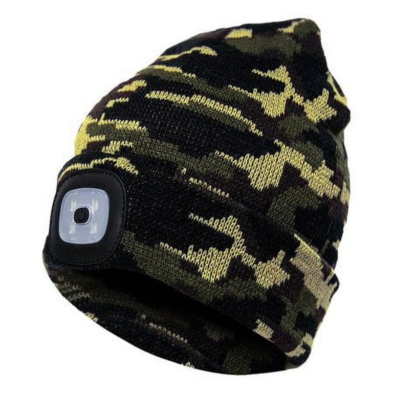 Morttic Unisex LED Beanie Hat with Light, USB Rechargeable Hands Free 4 LED  Headlamp Cap, Warm Winter Knitted Hat with LED Flashlight for Hiking,  Biking, Camping (Camouflage Green) 