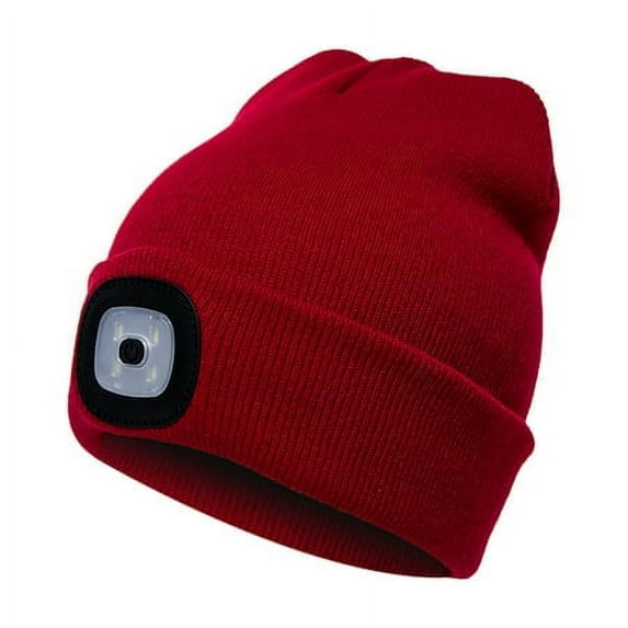 Morttic Unisex LED Beanie Hat with Light, USB Rechargeable Hands Free 4 LED Headlamp Cap, Warm Winter Knitted Hat with LED Flashlight for Hiking, Biking, Camping (Red)