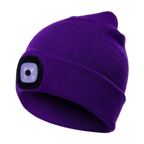 Morttic Unisex LED Beanie Hat with Light, USB Rechargeable Hands Free 4 LED Headlamp Cap, Warm Winter Knitted Hat with LED Flashlight for Hiking, Biking, Camping (Purple)