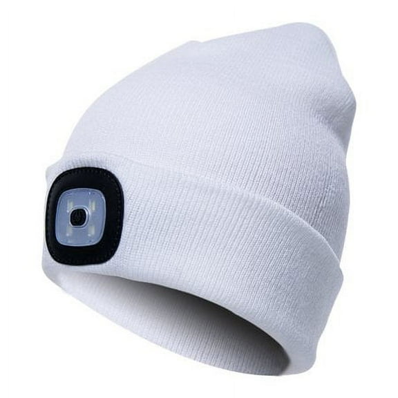 Morttic Unisex LED Beanie Hat with Light, USB Rechargeable Hands Free 4 LED Headlamp Cap, Warm Winter Knitted Hat with LED Flashlight for Hiking, Biking, Camping (White)