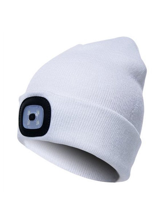 Morttic Unisex LED Beanie Hat with Light, USB Rechargeable Hands Free 4 LED Headlamp Cap, Warm Winter Knitted Hat with LED Flashlight for Hiking, Biking, Camping (White)