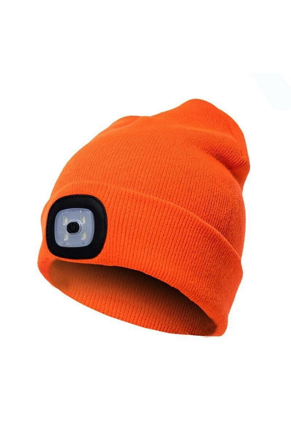 Unisex LED Beanie Hat USB Rechargeable Autumn Winter Warm Outdoor Hiking Camping Knitting Hat with Headlamp, Orange