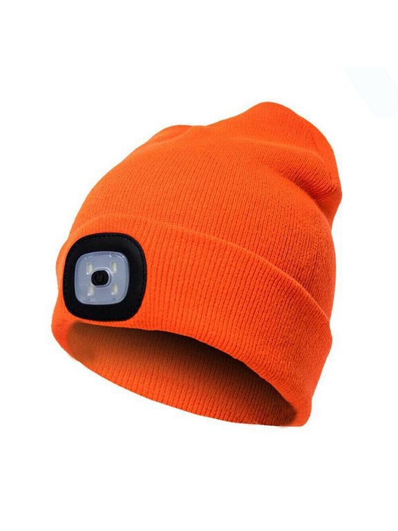 Unisex LED Beanie Hat USB Rechargeable Autumn Winter Warm Outdoor Hiking Camping Knitting Hat with Headlamp, Orange