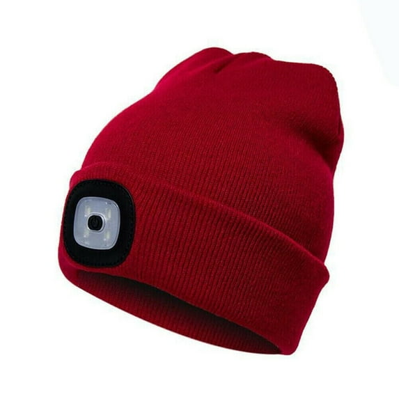 Morttic Unisex LED Beanie Hat USB Rechargeable Autumn Winter Warm Outdoor Hiking Camping Knitting Hat with Headlamp, Red
