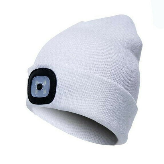 Morttic Unisex LED Beanie Hat USB Rechargeable Autumn Winter Warm Outdoor Hiking Camping Knitting Hat with Headlamp, White
