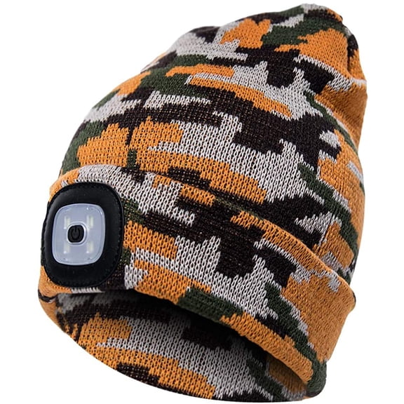 Morttic Unisex LED Beanie Hat with Light, USB Rechargeable Headlamp Beanie, Gifts for Dad Father Men Husband Warm Knitted Cap (Camouflage Yellow)