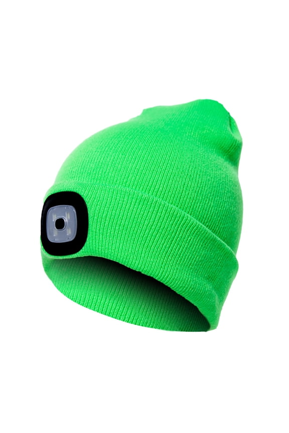 Unisex LED Lighted Beanie Cap, 4 LED Headlamp Cap, Warm Winter Knitted Hat with LED Flashlight for Hiking, Biking, Camping (Flourescent Green)