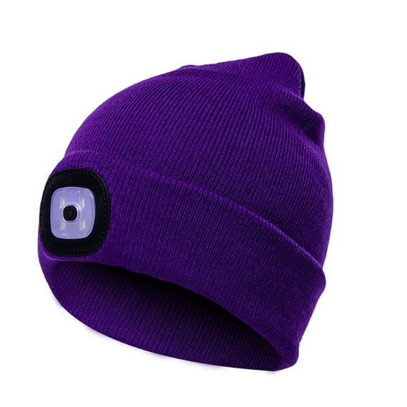 Morttic Unisex LED Lighted Beanie Cap, 4 LED Headlamp Cap, Warm Winter Knitted Hat with LED Flashlight for Hiking, Biking, Camping (Purple)