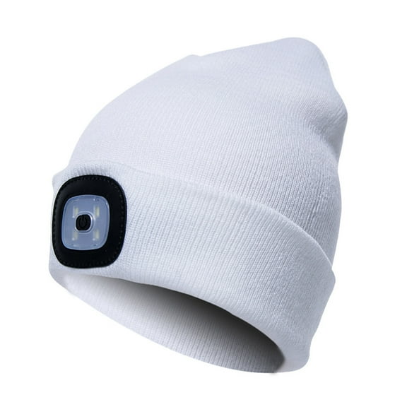 Morttic Unisex LED Lighted Beanie Cap, 4 LED Headlamp Cap, Warm Winter Knitted Hat with LED Flashlight for Hiking, Biking, Camping (White)