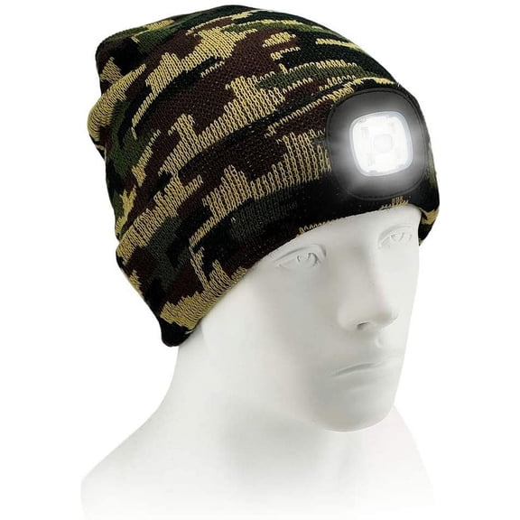 Morttic Unisex LED Lighted Beanie Cap, Hands Free 4 LED Headlamp Cap, Warm Winter Knitted Hat with LED Flashlight for Hiking, Biking, Camping (Camouflage Green,For Adults)