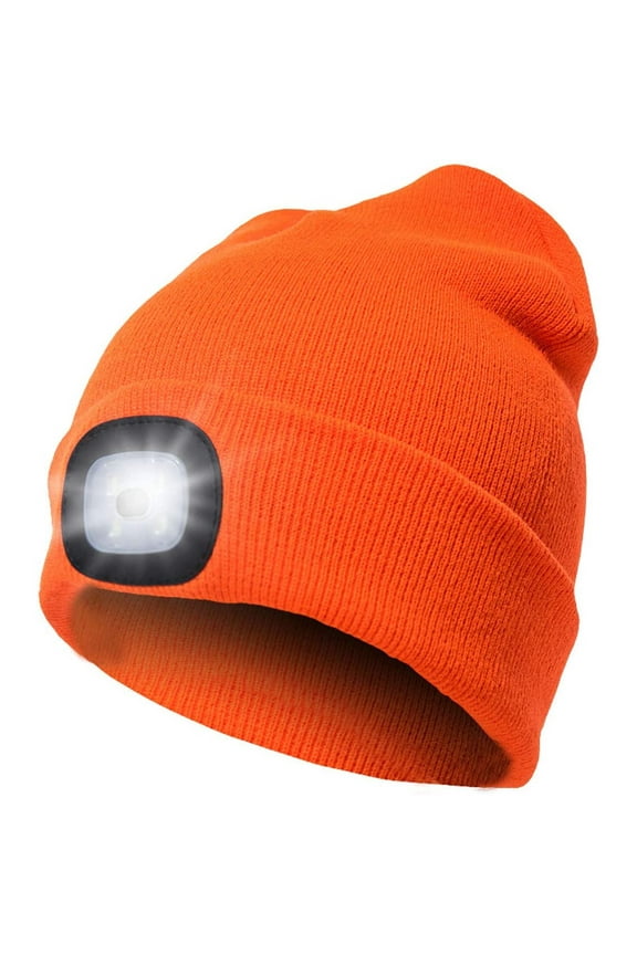 Unisex LED Lighted Beanie Cap, Hands Free 4 LED Headlamp Cap, Warm Winter Knitted Hat with LED Flashlight for Hiking, Biking, Camping (Orange,For Kids)