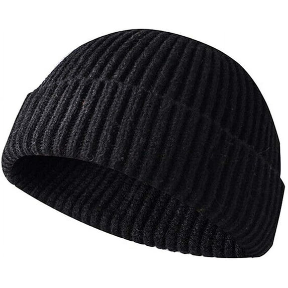 Morttic Unisex Winter Trawler Beanie Hat Short Retro Ribbed Fisherman Skullcap Knit Cuff Beanie Cap(Black)