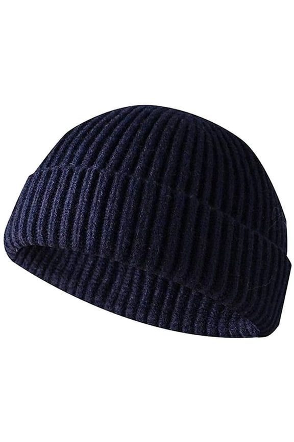 Unisex Winter Trawler Beanie Hat Short Retro Ribbed Fisherman Skullcap Knit Cuff Beanie Cap(Navy)