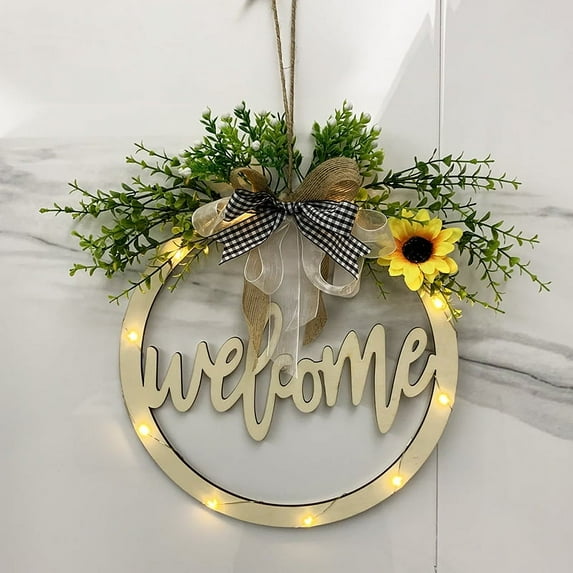 Morttic Welcome/Hello Sign for Front Door, Fall Decor Sunflower Welcome Sign for Front Porch 12'' Artificial Wreaths with LED Light for Home Decor