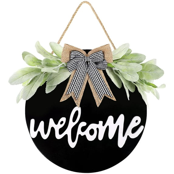 Morttic Welcome Sign for Front Door,Handcrafted Welcome Door Sign, 11.8 Inch Welcome Sign Wreath for Front Porch Hanging Sign Decor Farmhouse Porch Spring Welcome Sign for Wall Outside(Black)