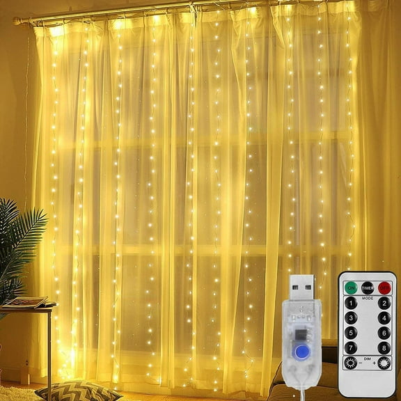 Morttic Window Curtain String Light 300 LEDs 9.8FT x 9.8FT 8 Lighting Modes Fairy Lights Remote Control USB Powered Waterproof Lights for Christmas Bedroom Party Garden Wall Decorations (Warm White)