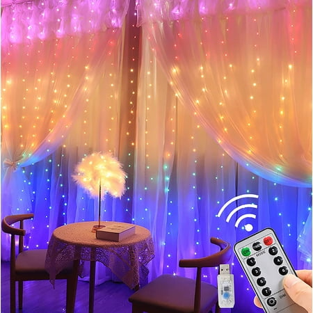 Morttic Window Curtain String Light, 9.9x9.9 ft 300 LED 8 Modes ,Timer with Remote Control Waterproof USB Plug in Lights for Wedding Party Garden Bedroom Outdoor Indoor Wall Decorations (Rainbow)