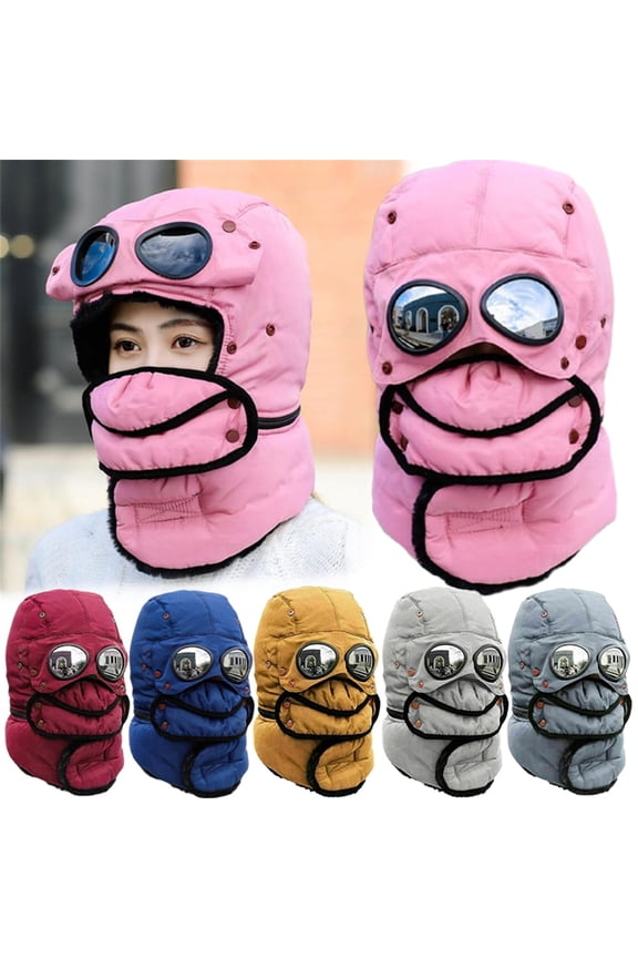 Winter 3 in 1 Unisex Thermal Pilot Hat Trapper Hats with Glasses Thicken Warm Full Face Ski Mask Windproof Neck Warm Hat, Yellow