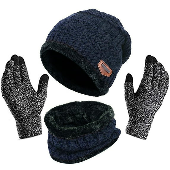 Morttic Winter Hat Scarf Gloves Set - Fleece Warm Knit Neck Warmer Wool Thermal Beanie Cap Outdoor Sport Ski Bike Mittens Men Women (Navy Blue)