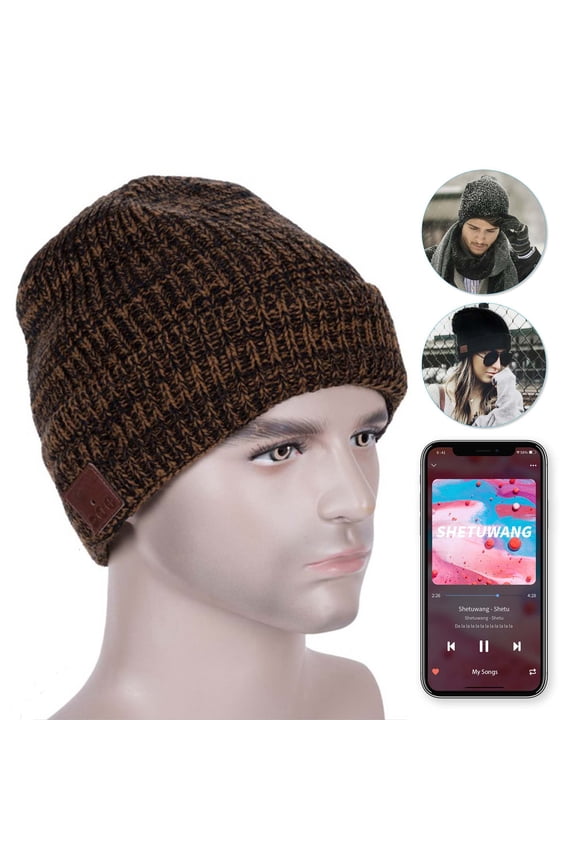 Wireless Bluetooth Beanie Hat Cap with HD Stereo Speaker Headphone Mic Winter Warm Musical Knit Cap for Men Women Outdoor Sports Skiing Running Skating Walking (Brown)