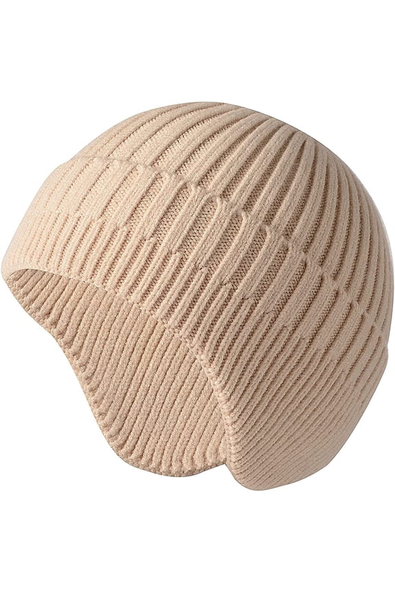 Women Men Beanie Hat Winter Warm Knitted Hat with Earflap Woolen Ski Skull Cap for Sport Outdoor, Beige