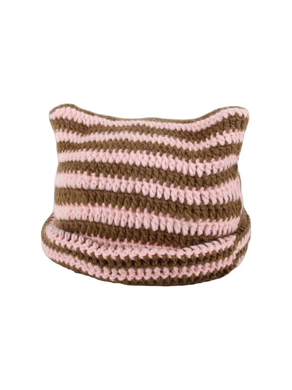 Women Striped Beanie Hat, Winter Warm Devil Horn Cat Ear Slouch Knit Hat
