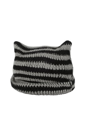 Women Striped Beanie Hat, Winter Warm Devil Horn Cat Ear Slouch Knit Hat