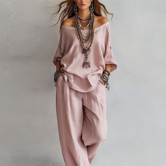 Morttic Women's 2 Piece Bohemian Solid Color Off Shoulder Seven Sleeve Top & Wide Leg Pants Set – Side Pocket Pink，L