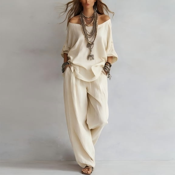 Morttic Women's 2 Piece Bohemian Solid Color Off Shoulder Seven Sleeve Top & Wide Leg Pants Set – Side Pocket White，L