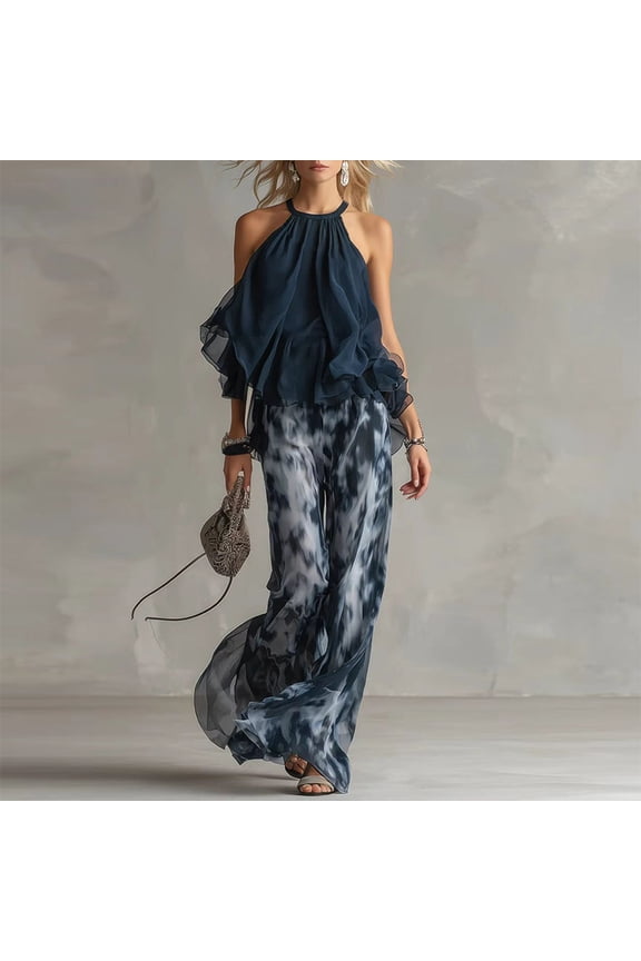 Women's 2-Piece Chiffon Set – Halter Neck Ruffle Top & Tie-Dye Wide Leg Pants Casual Beach Vacation Outfit Blue,L