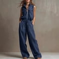 thumbnail image 1 of Morttic Women's 2 Piece Solid Color Casual Pocket Matching Outfit Zip Up Sleeveless Vest & Drawstring Wide Leg Pants Set Dark Blue，L, 1 of 2