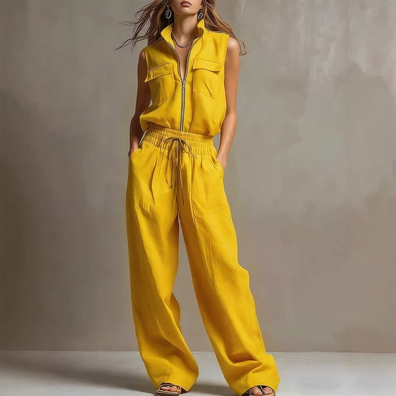 Morttic Women's 2 Piece Solid Color Casual Pocket Matching Outfit Zip Up Sleeveless Vest & Drawstring Wide Leg Pants Set Yellow,L