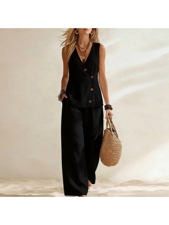 Women's 2 Piece Solid Color V-Neck Sleeveless Button Vest Cardigan & Side Pocket Wide Leg Pants Set Spring/Summer Outfit Black,M