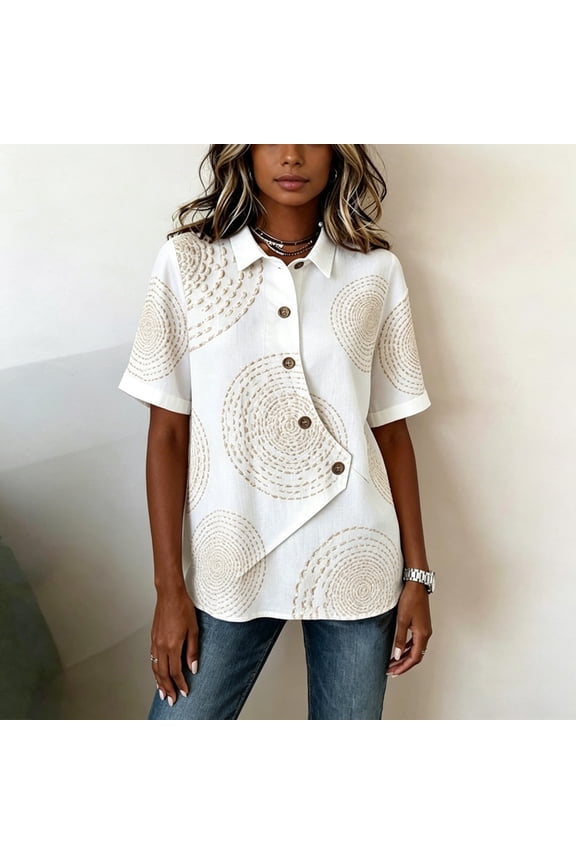 Women's Asymmetrical Hem Button Up Shirt – Lapel Collar Short Sleeve, Relaxed Fit Solid Color Summer Casual Top Picture Color,XL