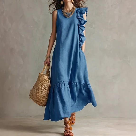 Morttic Women's Asymmetrical One Side Ruffled Edge Sleeveless Maxi Dress – Round Neck, Solid Color Summer Vacation Boho Gown Blue,M
