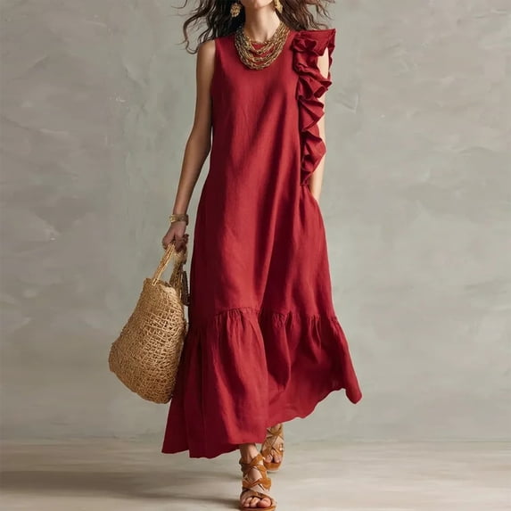 Morttic Women's Asymmetrical One Side Ruffled Edge Sleeveless Maxi Dress – Round Neck, Solid Color Summer Vacation Boho Gown Red,L