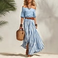 thumbnail image 1 of Morttic Women's Bohemian 2 Piece Outfit – Off Shoulder Bubble Short Sleeve Top & Striped High Slit Maxi Skirt with Belt Blue，XXL, 1 of 2