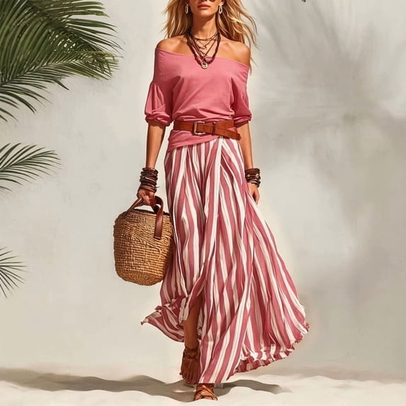 Morttic Women's Bohemian 2 Piece Outfit – Off Shoulder Bubble Short Sleeve Top & Striped High Slit Maxi Skirt with Belt Pink,L