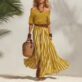thumbnail image 1 of Morttic Women's Bohemian 2 Piece Outfit – Off Shoulder Bubble Short Sleeve Top & Striped High Slit Maxi Skirt with Belt Yellow，XL, 1 of 2
