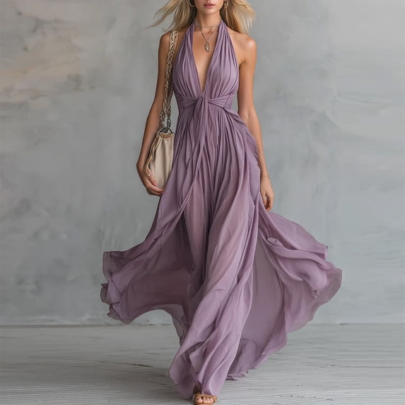 Morttic Women's Bohemian Beach Vacation Party Dress – Solid Halter Neck Deep V, Waist Tie, High Slit, Flowing Long Dress Purple,XXL