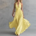thumbnail image 1 of Morttic Women's Bohemian Beach Vacation Party Dress – Solid Halter Neck Deep V, Waist Tie, High Slit, Flowing Long Dress Yellow，L, 1 of 2