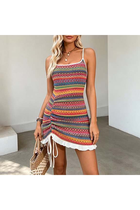 Women's Bohemian Geometric Stripe Knit Mini Dress – Scoop Neck Side Drawstring Ruched Ruffle Hem Stretch Beach Dress Rose Red,M