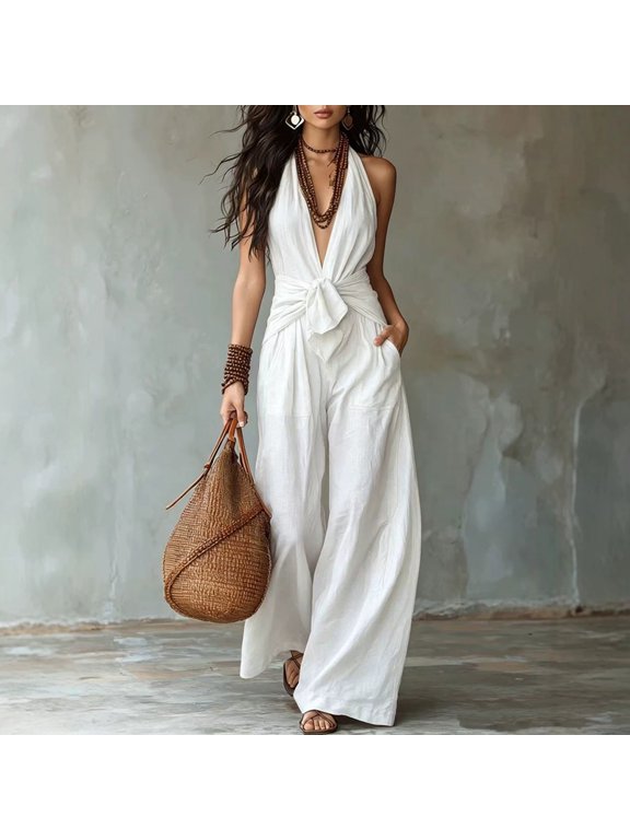 Women's Bohemian Solid Color Crinkle Halter Jumpsuit – Backless Deep V Tie Waist Flowy Romper Beach & Daily Life Outfit White,XL
