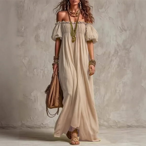 Morttic Women's Bohemian Solid Color Off Shoulder Ruffle Trim Puff Sleeve Smocked Waist Flowy Beach Vacation Maxi Dress Apricot,M