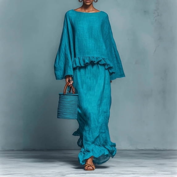Morttic Women's Bohemian Solid Color Ruffle Hem Set – Crew Neck Long Sleeve Top & High Waist Midi Skirt Casual Elegant Wear Sky Blue,L